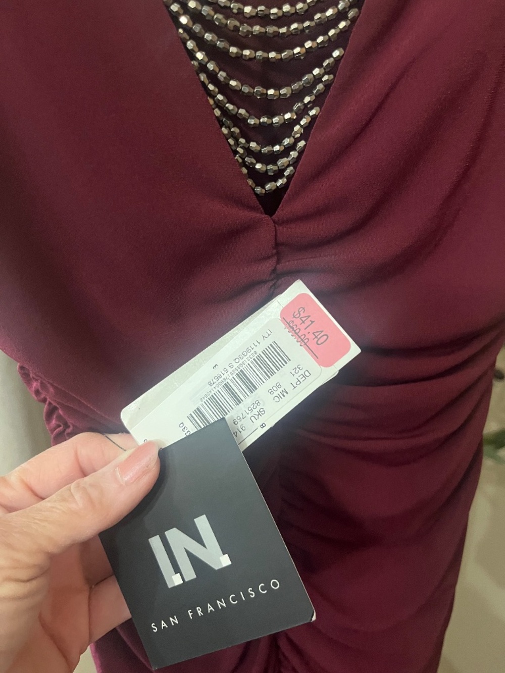 I.N San Francisco Slinky Dress with bead accent. Wine in color. NWT